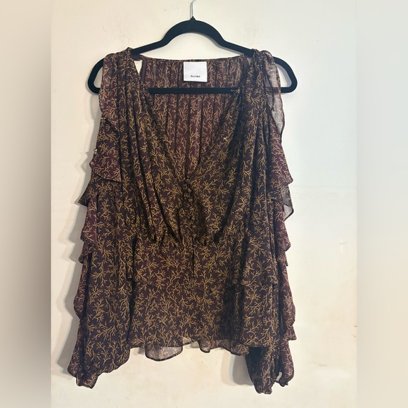 Acler Size S Brown & Yellow Long Sleeve Beaded Detail Ruffle Blouse Designer